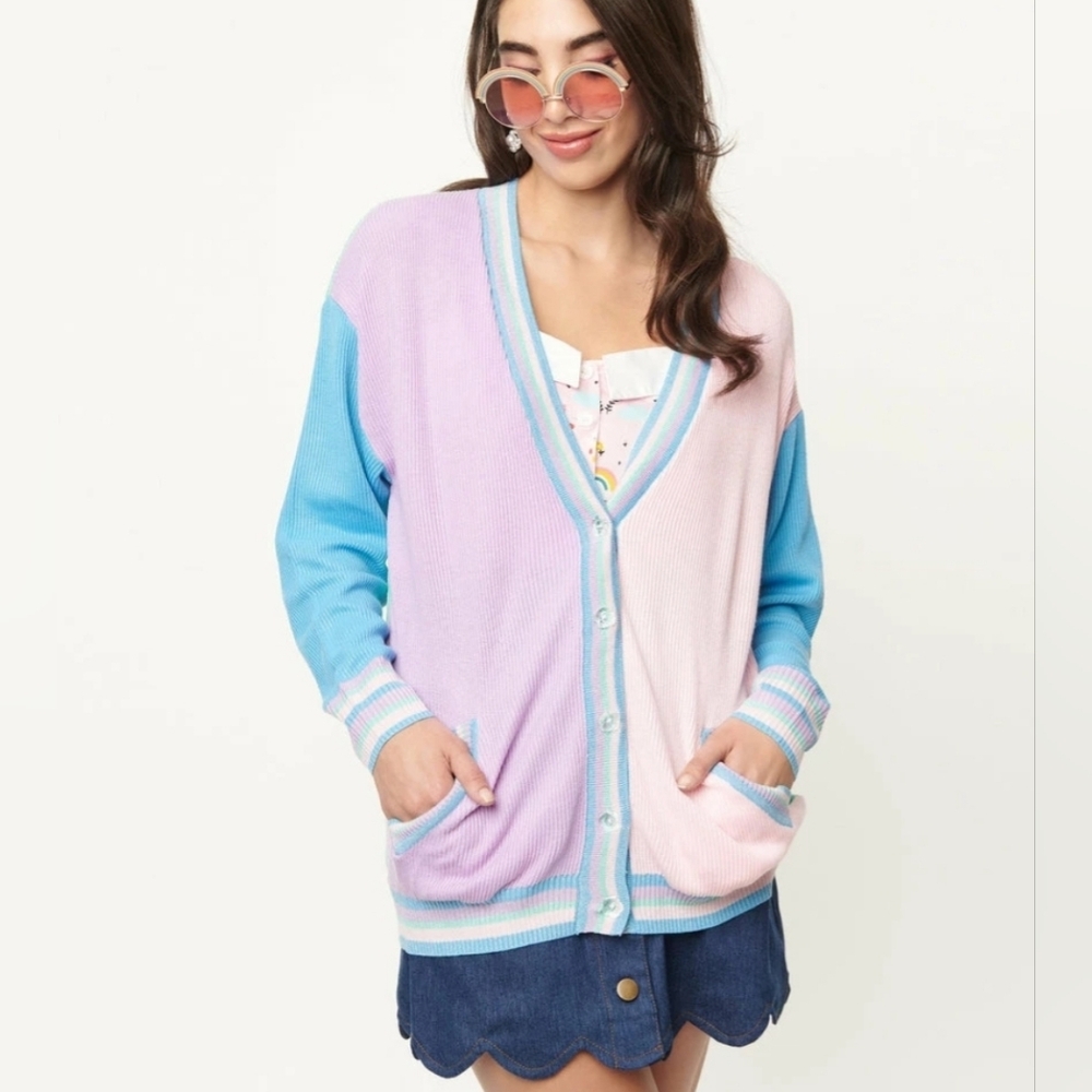 Unique Vintage Pastel Colorblock Drop Shoulder Oversized Cardigan Small / XS